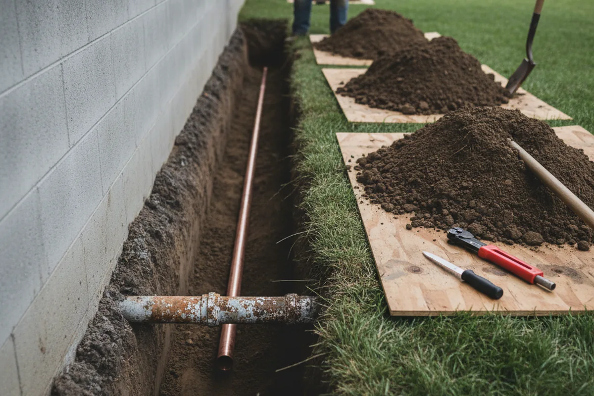 Excavated water line trench during Sewer Line Repair in Doylesburg